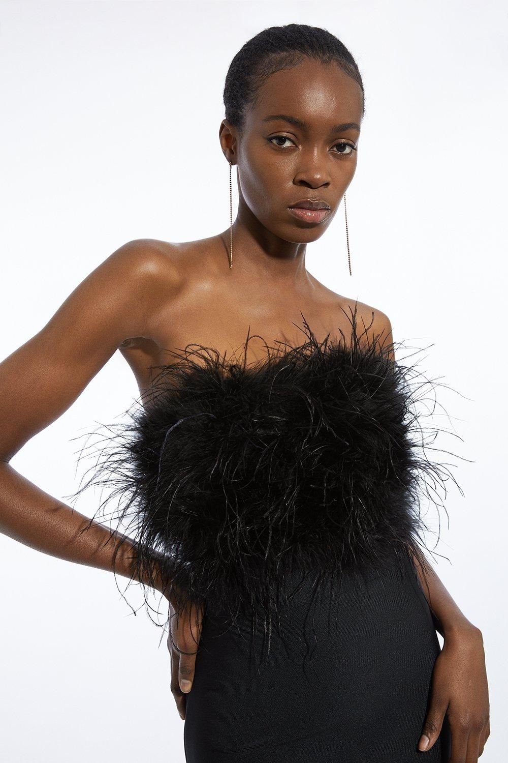 KarenMillen Figure Form Bandage Feather Detail Bandeau Knit Midi Dress
