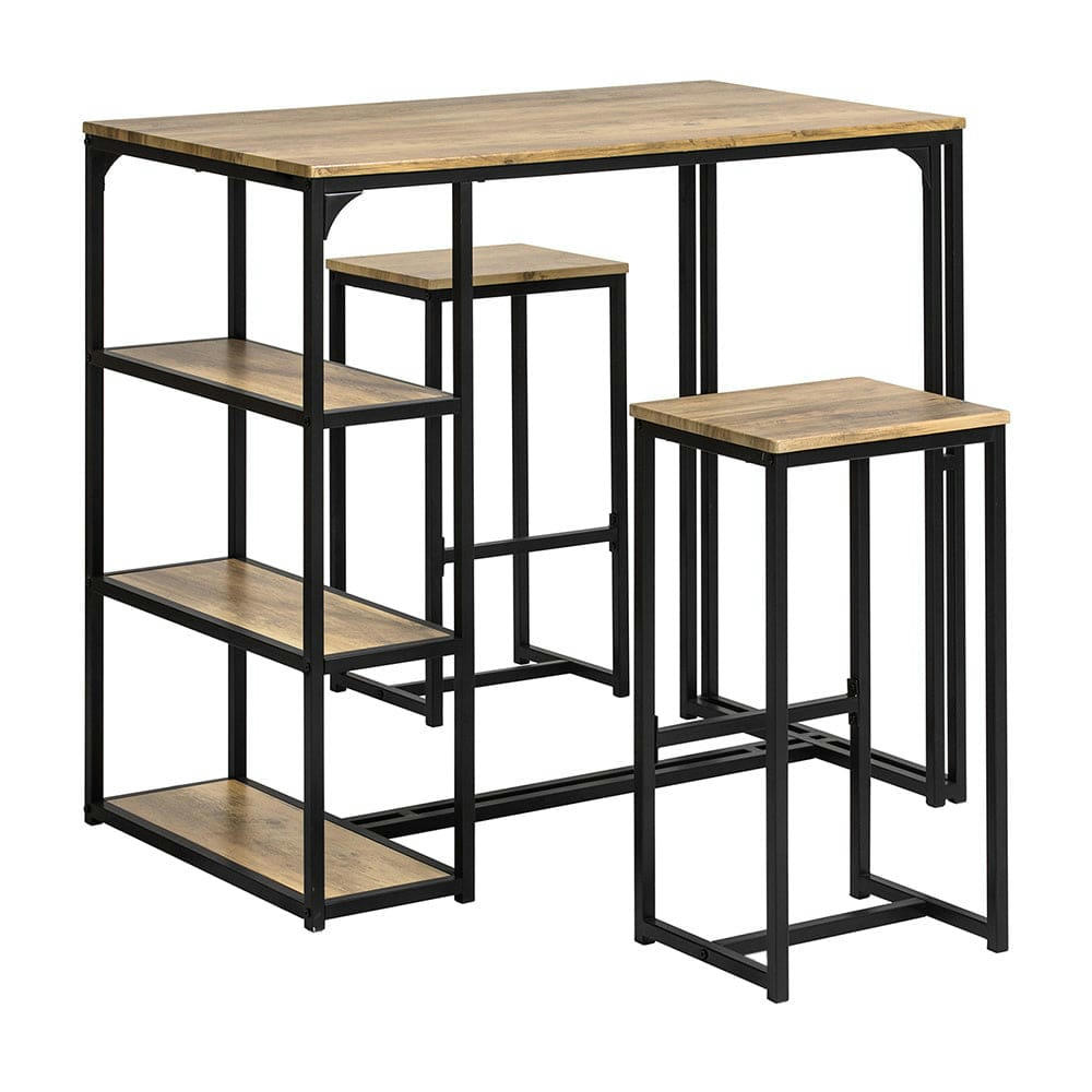 - Ensemble de table haute et 2 tabourets de bar effet bois et métal noir