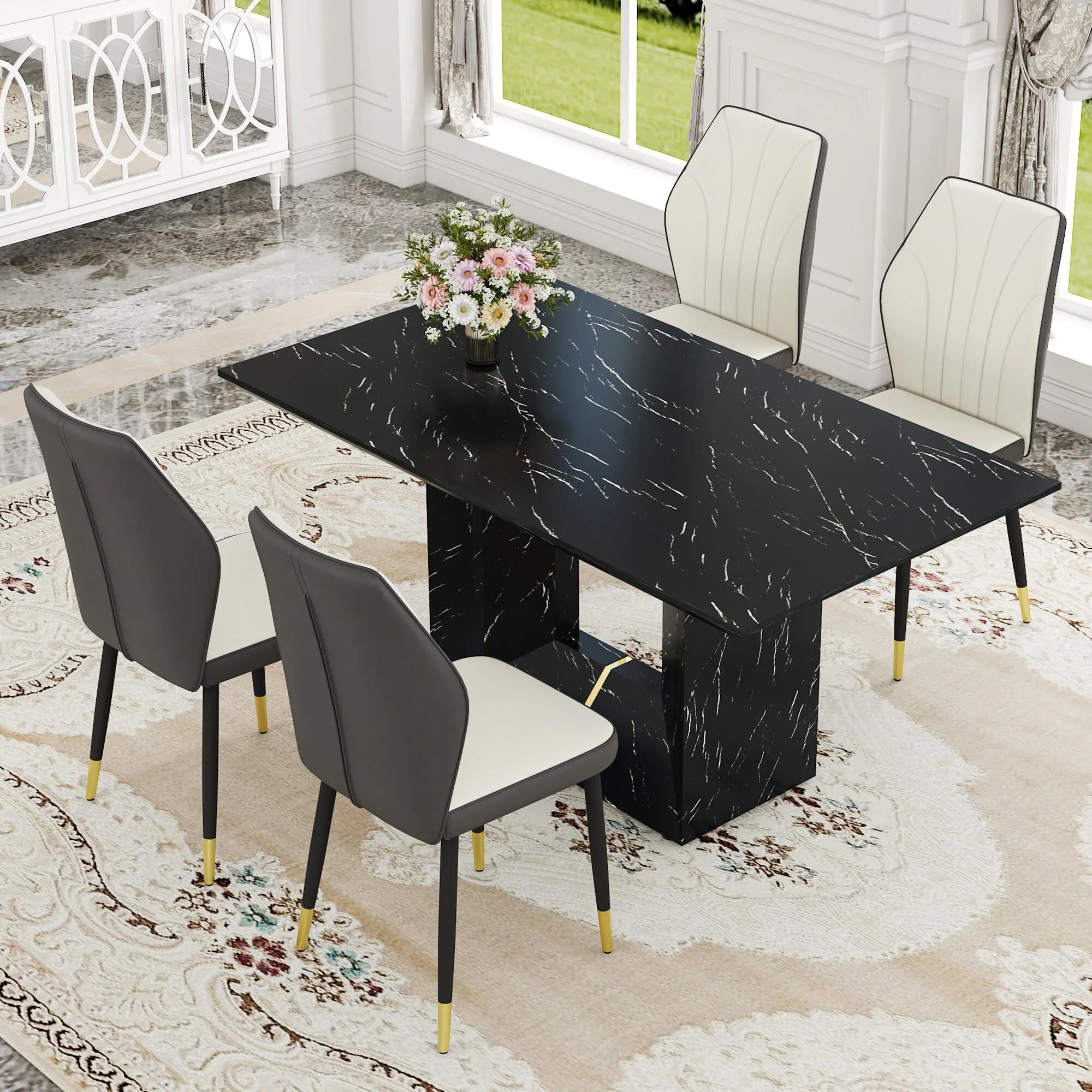 Modern Style 5-Piece Dining Set with Rectangular Table and 4 Widened Backrest Dining Chairs