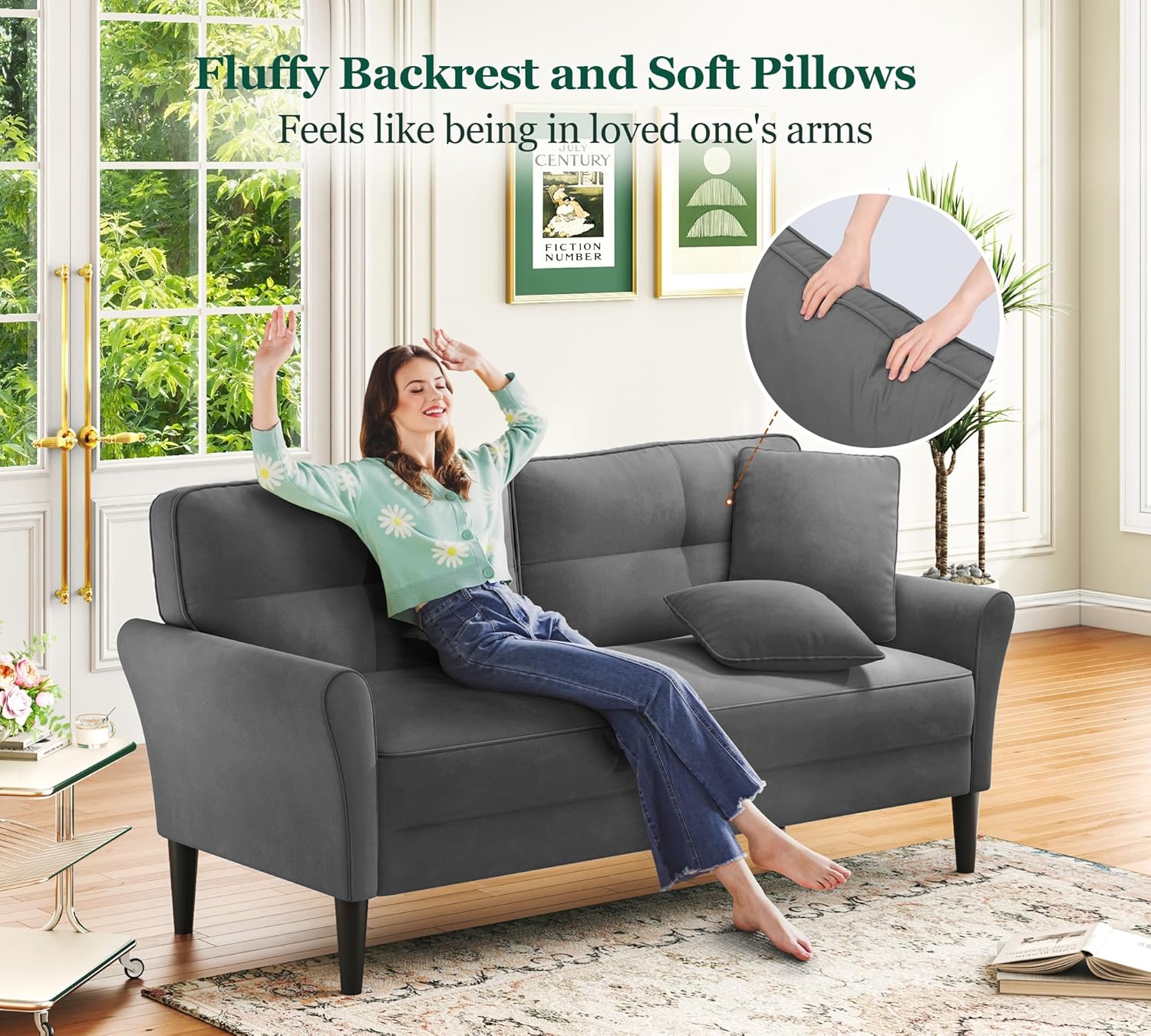 Loveseat Sofa, 69 Love Seat Couches, Comfy Velvet Small Couches for Small Spaces with 2 Pillows, Tool-Free Setup Sofas & Couches, 700lb Load Sofas for Living Room, Mini Couch for Bedroom, Charcoal