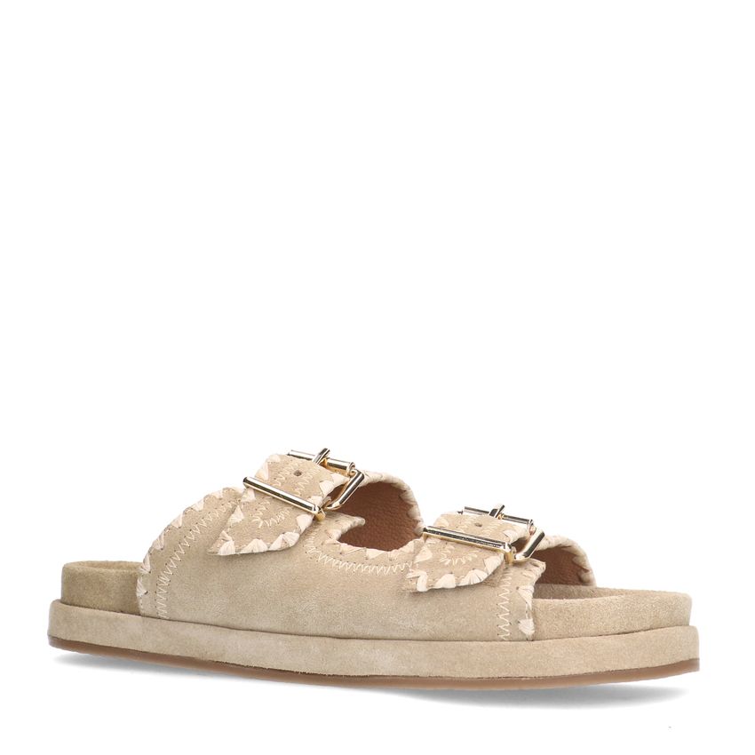 Manfield Beige suède slippers met witte details