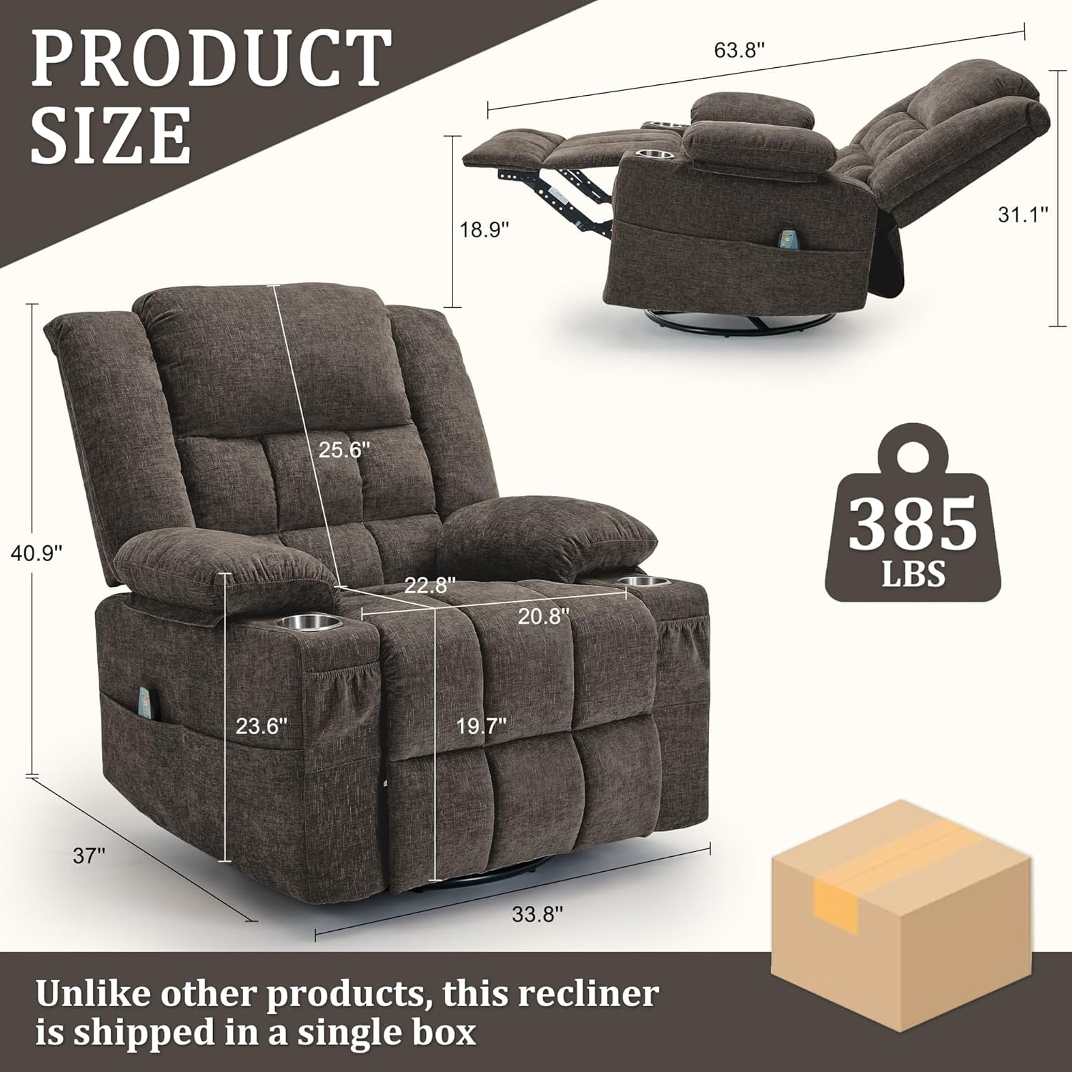 Korser 360° Swivel Rocker Recliner for Adults, Nursery Glider Recliner with Massage and Heating, Rocking Chair with Cup Holder, Manual Recliner Chair for Living Room, Bedroom (Fabric, Brown)