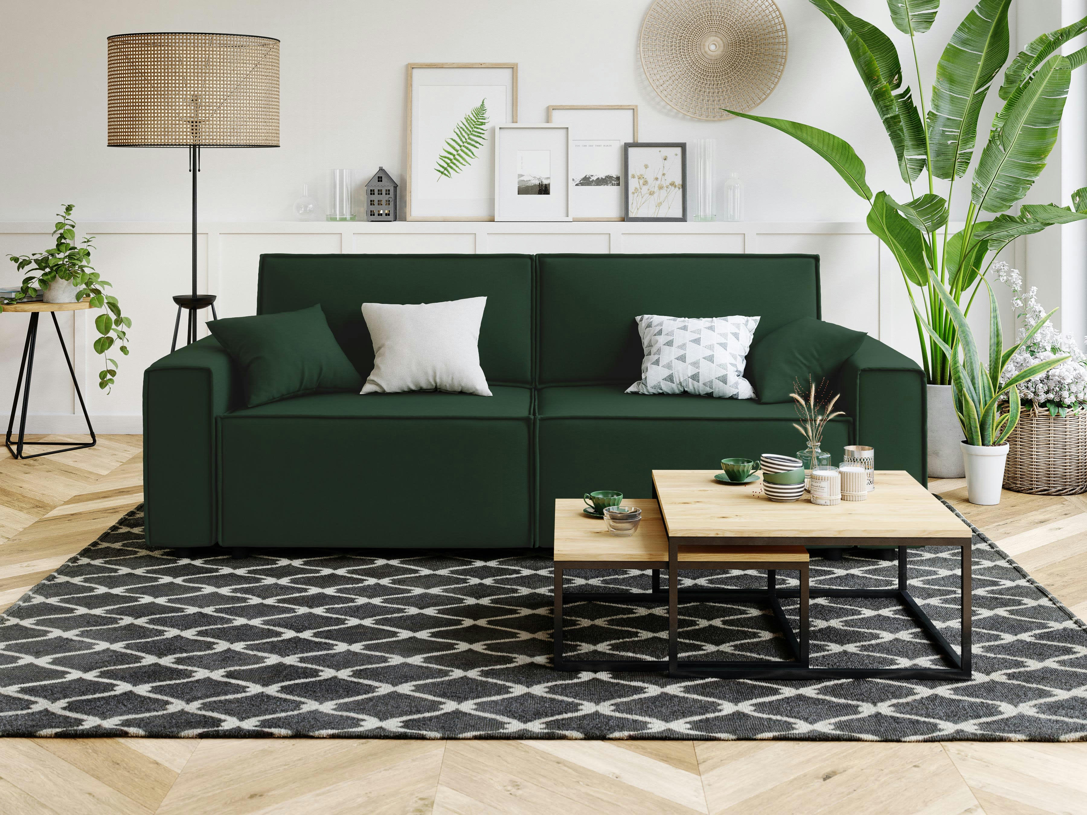 MIRA - Canapé droit convertible en velours 3 places vert