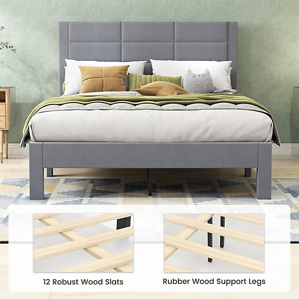 Lit 140 x 200 avec Sommier sans Matelas, Lit Capitonné avec Tete 140CM en Tissu Velours Doux, Lattes Bois, Charge 250KG