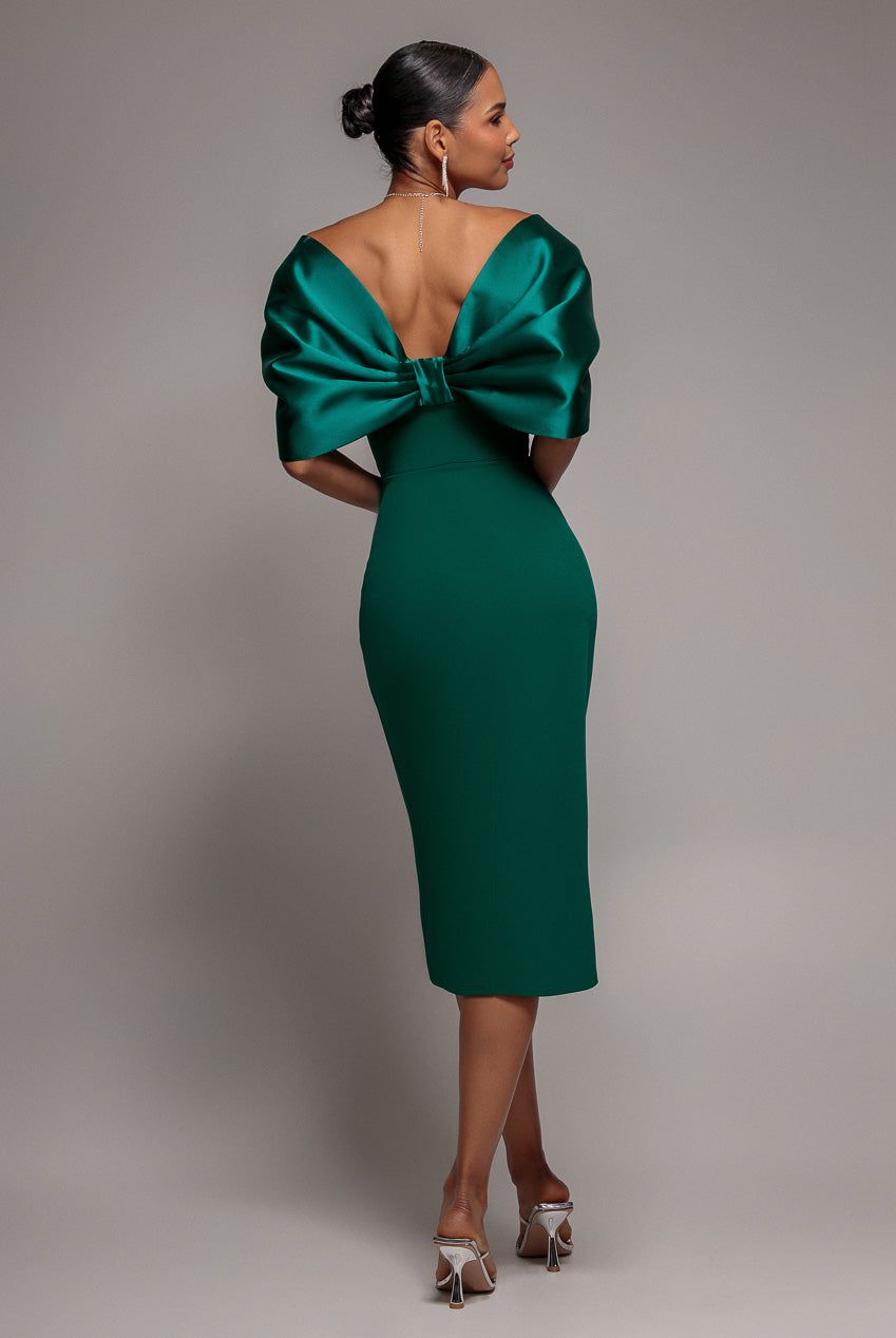 Goddiva Off Shoulder Back Satin Bow Wrap Crepe Midi Dress