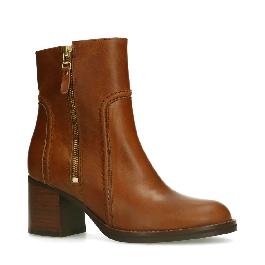 Manfield Cognac leren enkellaarsjes met hak