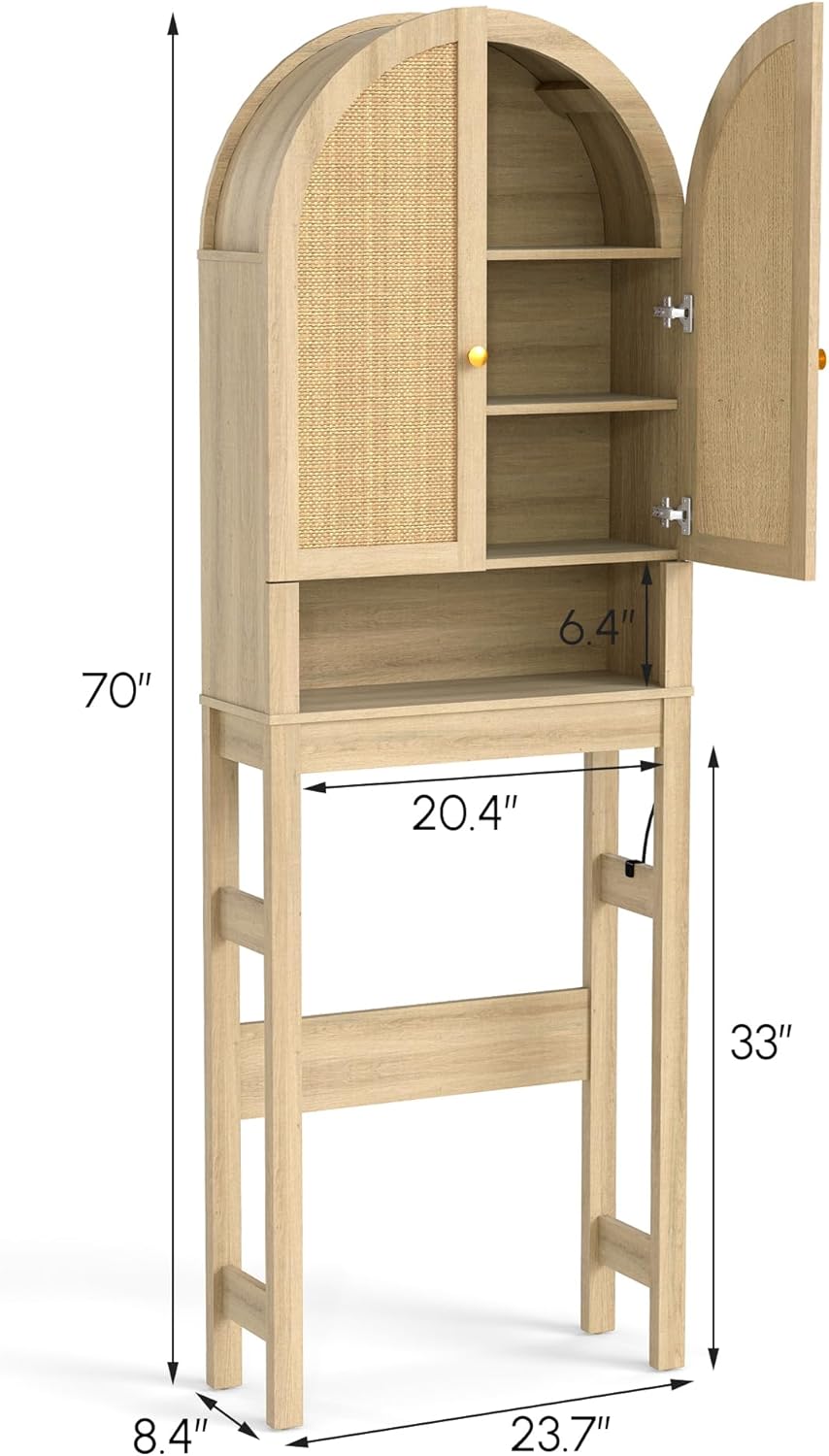 HMstone Over The Toilet Storage Cabinet, Arched Bathroom Organizer and Storage with Rattan Doors and Adjustable Shelf, Space-Saving Freestanding Bathroom Modern Storage Cabinet Over Toilet (Natural)