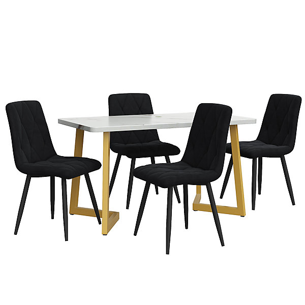 Ensemble Table Rectangulaire Effet Marbre - MDF et 4 Chaises Velours Noir Chevron, Pieds Métal Dorés