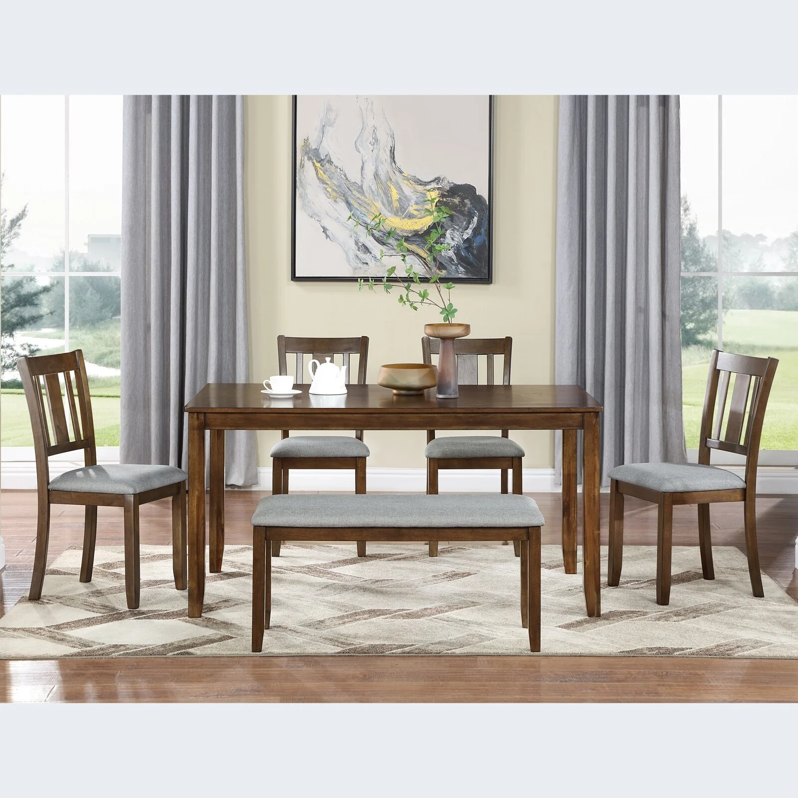 6 Piece Kitchen Dining Table Set, Wooden Rectangular Dining Table with Upholstered Bench and 4 Chairs, Dining Room Table Set