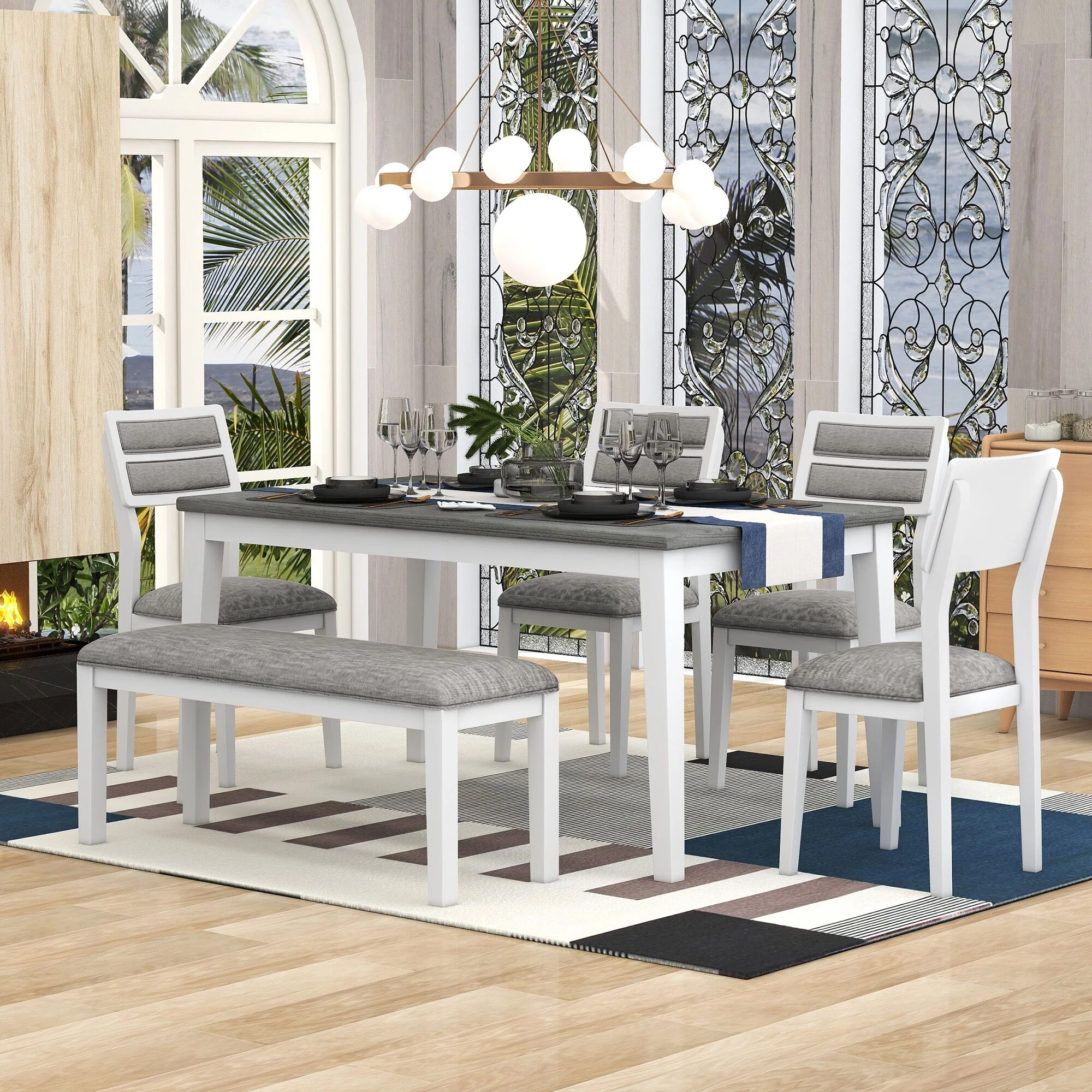 6-Piece Wooden Dining Table Set with 4 Chairs & Bench