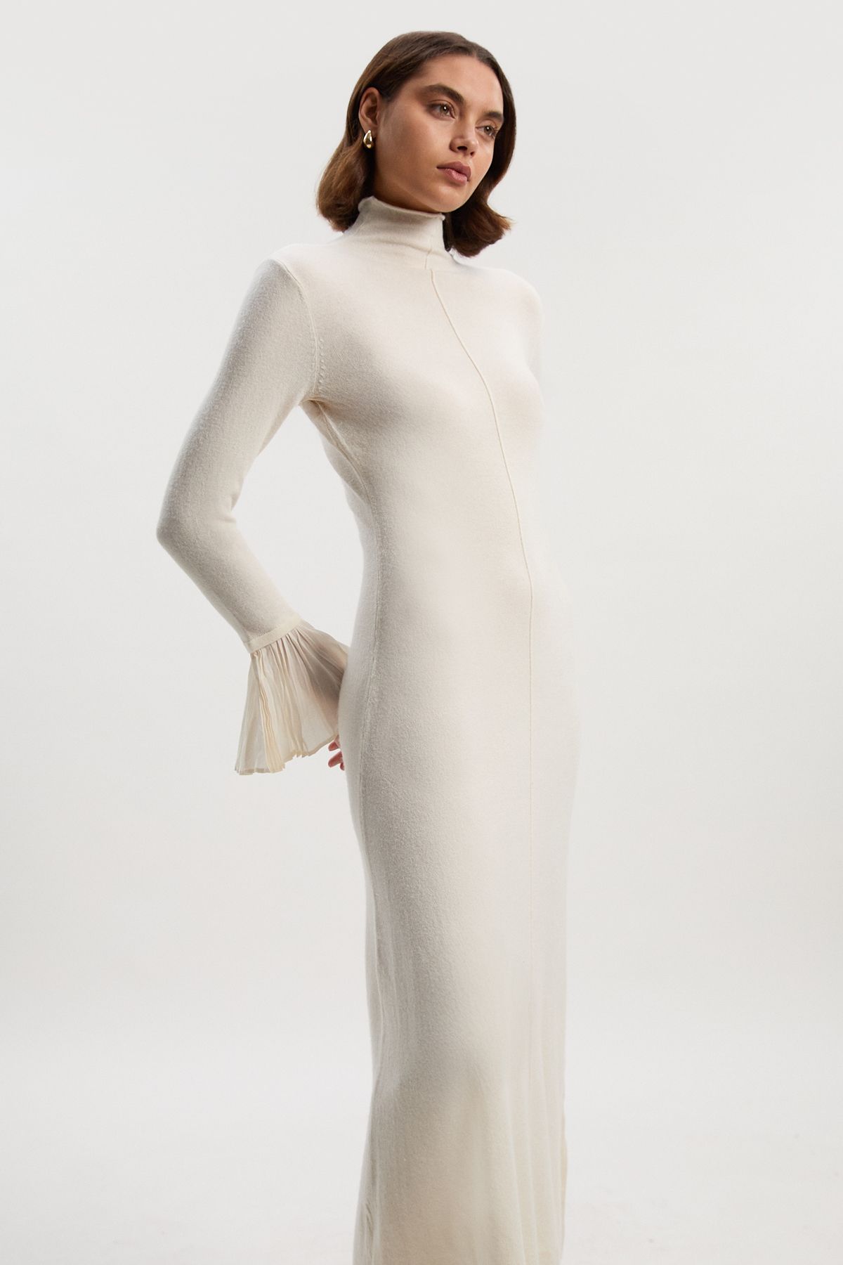 KarenMillen Petite Wool And Alpaca Blend Knit Pleated Silk Woven Cuffs Midi Dress