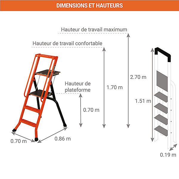 Escabeau 3 marches - Hauteur de travail max. 2,70m - Marches caillebotis - 201950