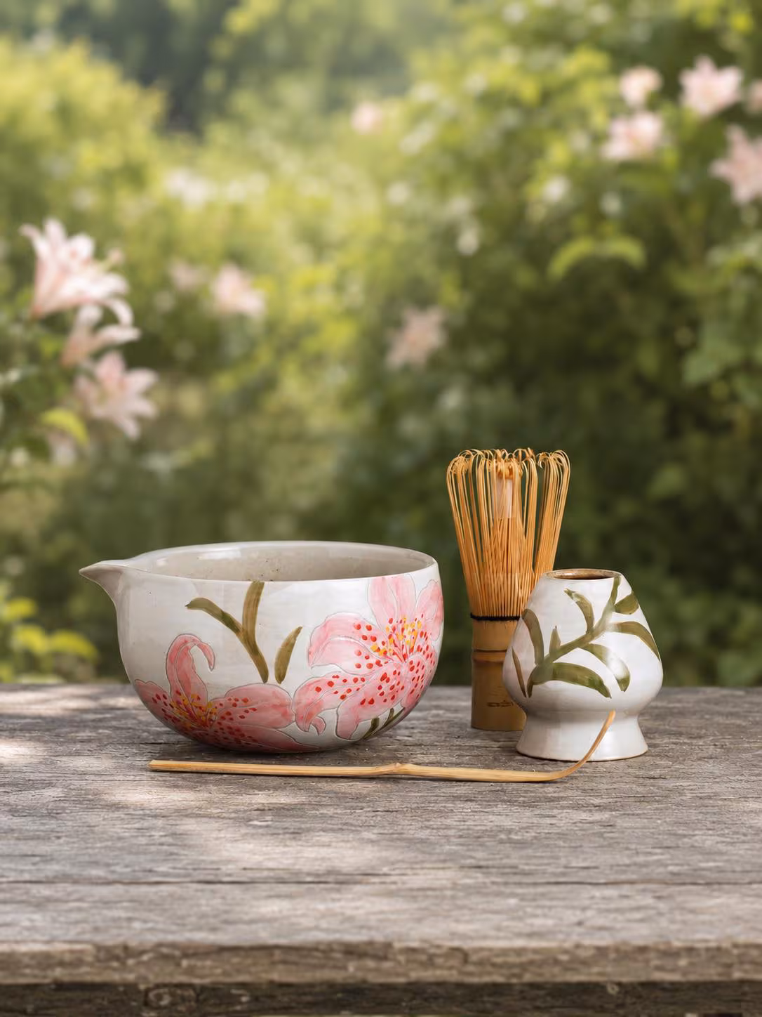 Handmade Pink Lily Matcha Set, Ceramic Chawan with Spout, Bamboo Whisk and Scoop, Floral Matcha Gift for Tea Lovers