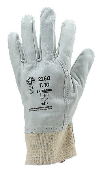 Gants de travail en cuir hydrofuge Eurotechnique avec protège-artère 2260 (lot de 10 paires de gants) Blanc 9