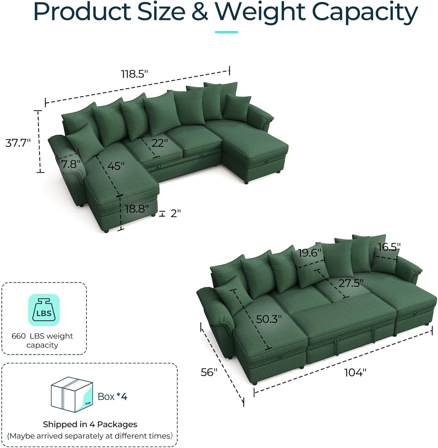 LINSY HOME Oversized Sectional Sleeper Sofa with Pull Out Couch Bed (Green, 118.5'') | USB Charging, Pillow-style Armrest, Multiple Cushions, Storage Chaise, Corduroy Fabric