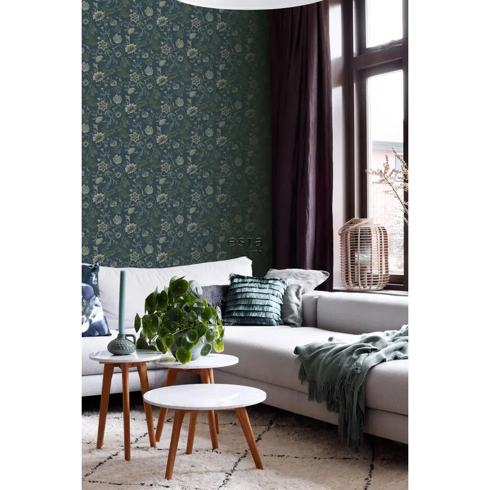 ESTAhome behang vintage bloemen donkerblauw en groen - 53 cm x 10.05 m