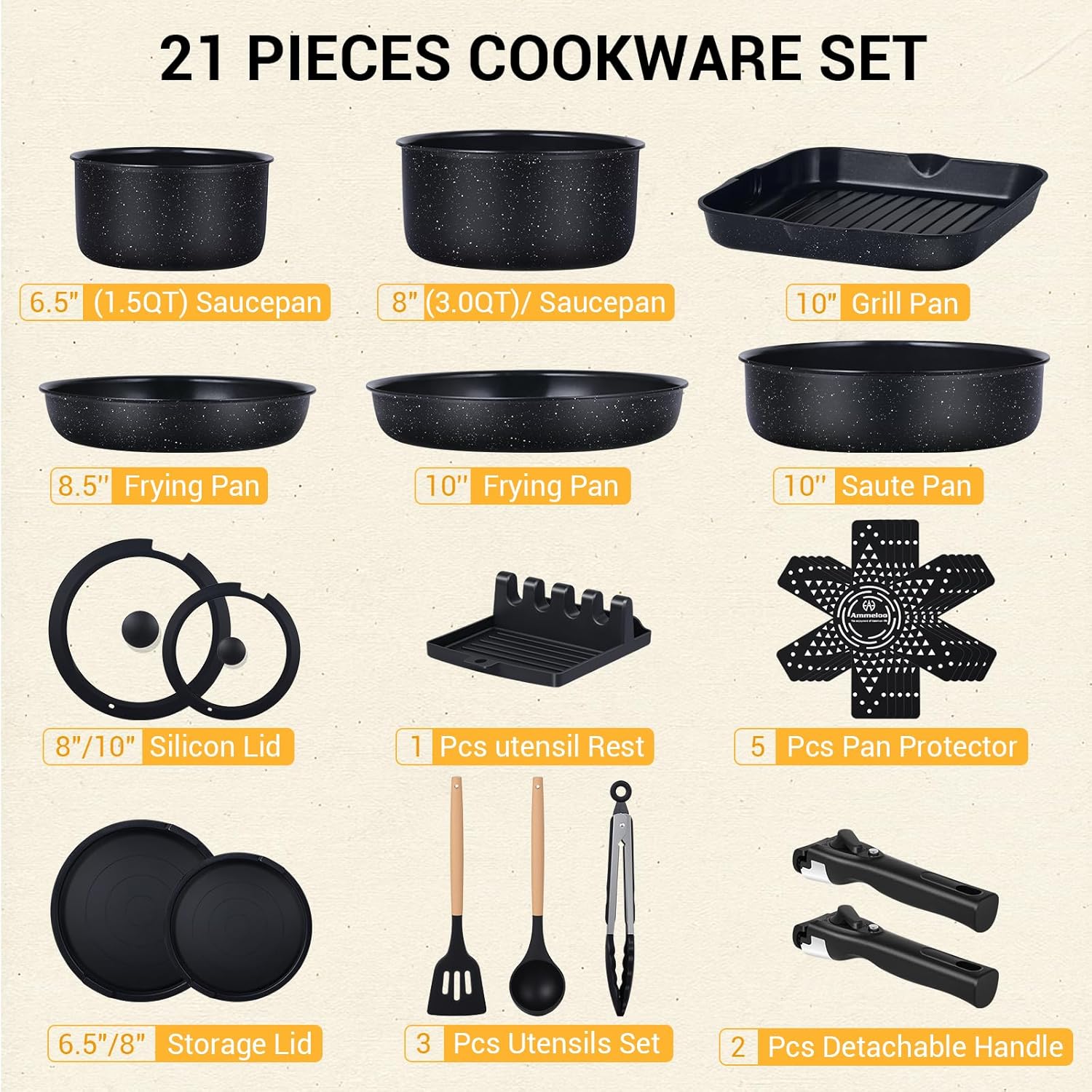 Ammeloo 21 Pcs Pots and Pans Set Non Stick with Detachable Handle & Grill Pan, Induction Ceramic Cookware Set, Non Toxic Kitchen Pots and Pans Set for RVs,Camping, Oven/Dishwasher Safe, Black