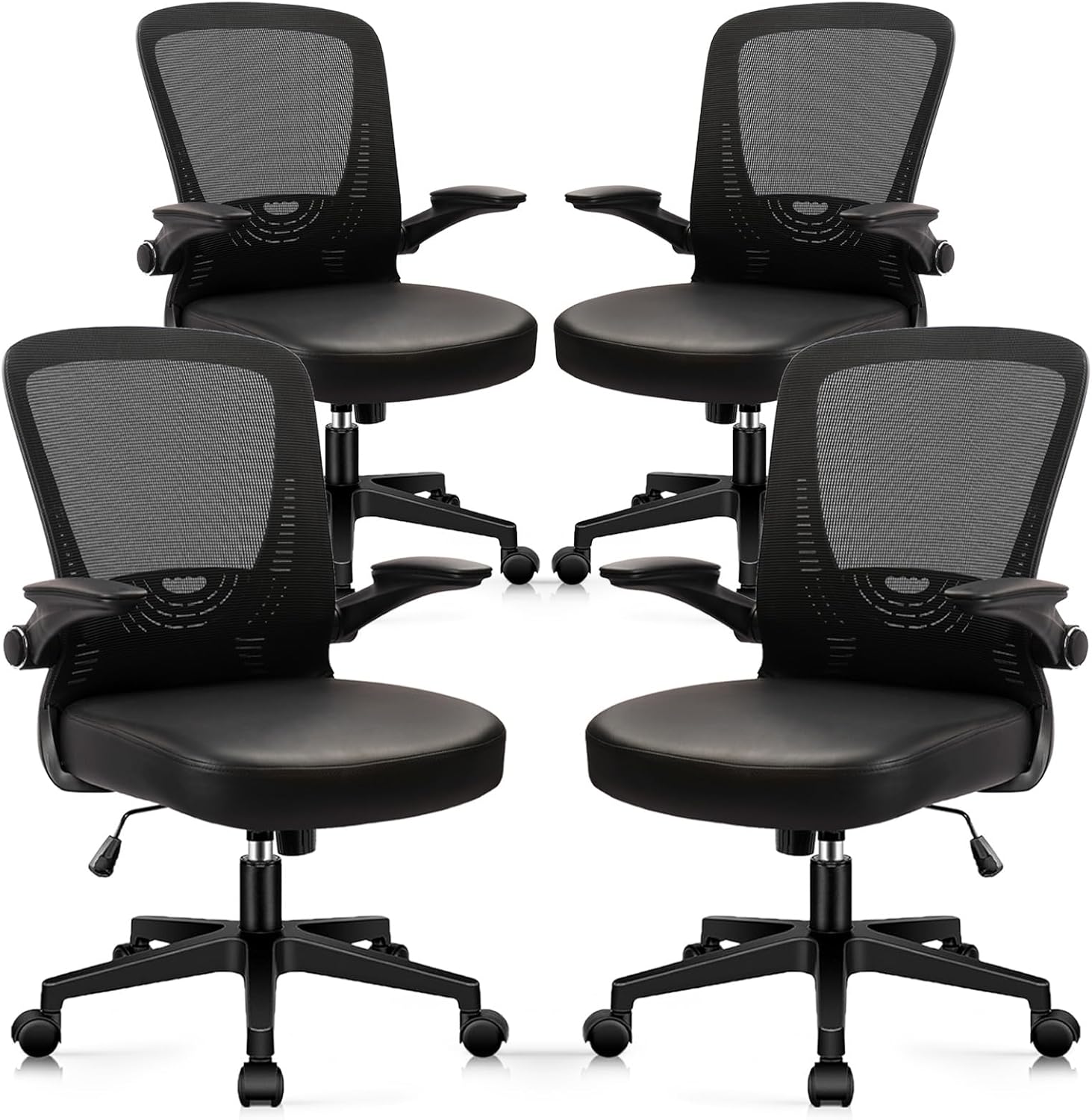 CLATINA Desk Chairs with PU Leather Seat, Flip Up Arms Ergonomic Mesh Back Office Chair with Lumbar Support, Adjustable Height Swivel Rolling Computer Chairs for Home Conference Meeting, Black, 4 Pack