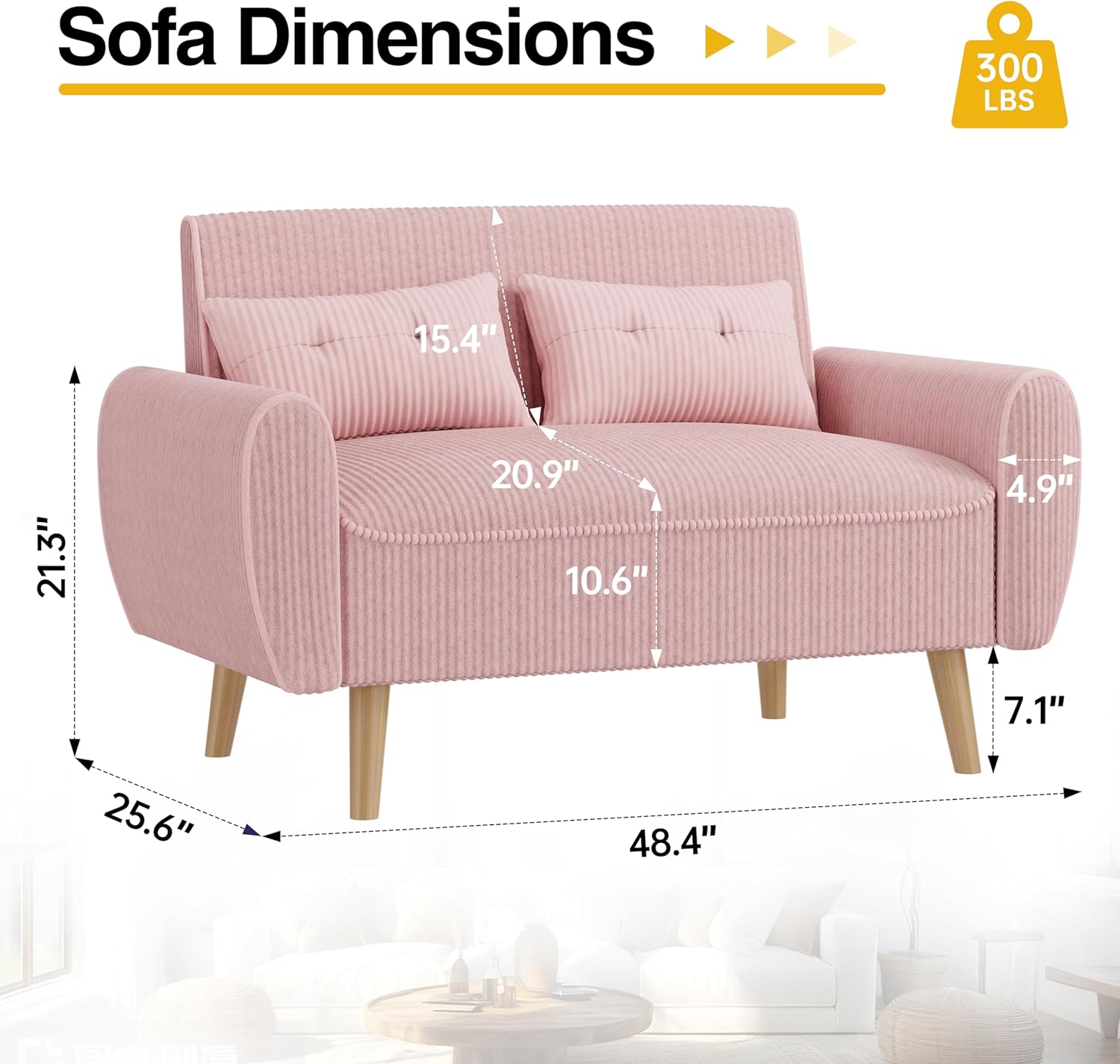JAMFLY Pink Loveseat Sofa, 47.2'' Modern Small Space Sofa Set, High Density Sponge, Linen, Wood, 350 lbs Capacity