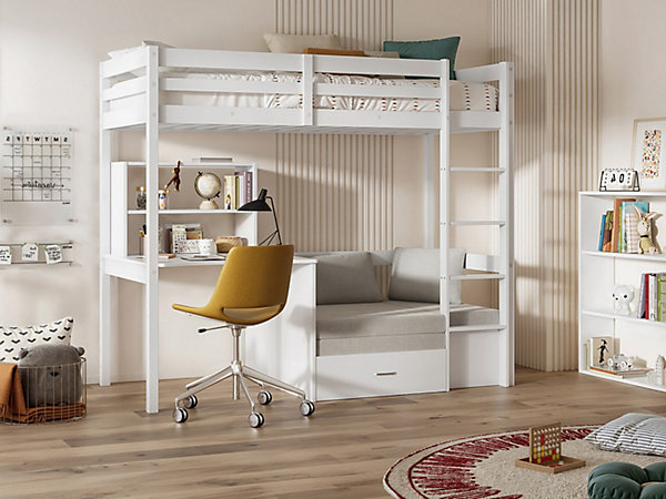 Lit mezzanine 90 x 200 cm avec bureau, sofa convertible et rangements - Pin massif - Blanchi   Matelas - GOLIATH III