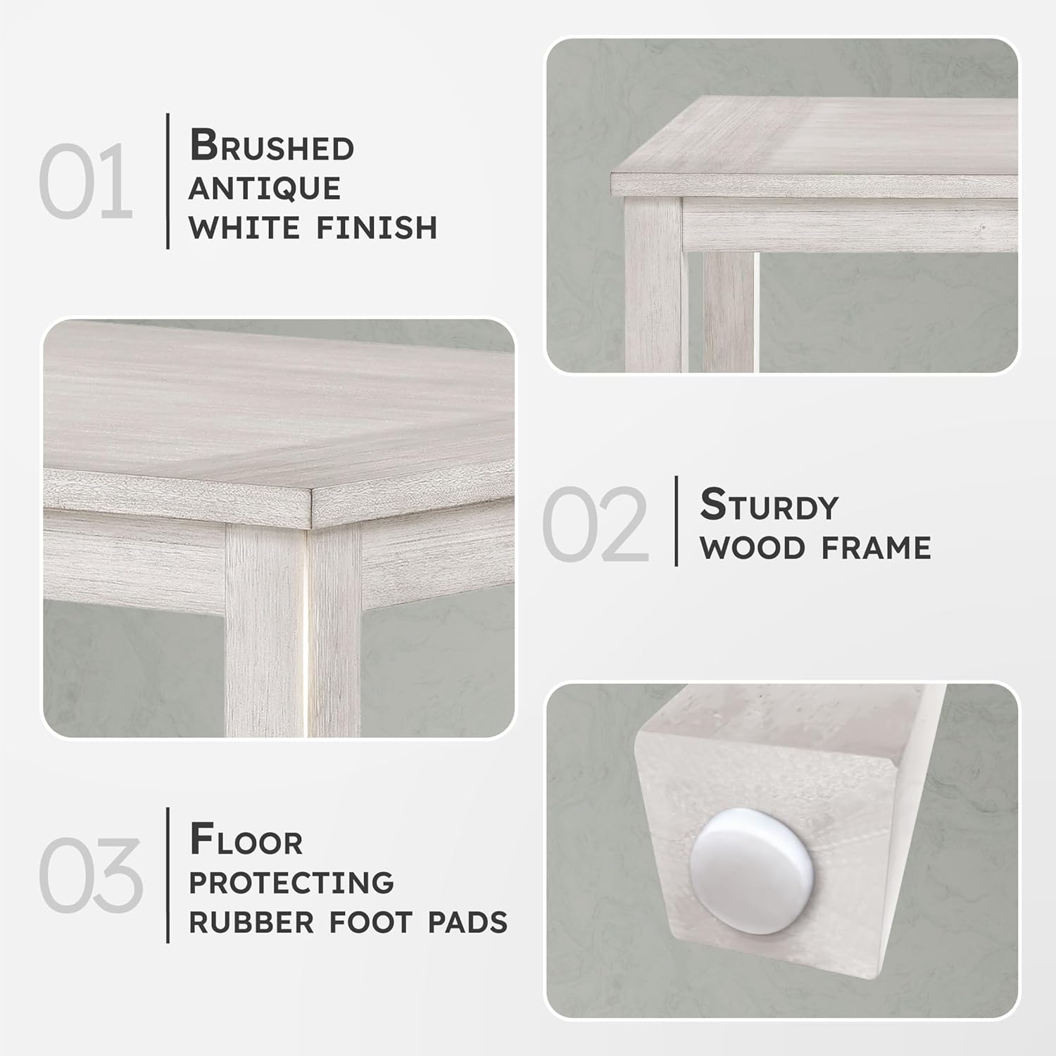 Lexicon 60 Farmhouse Dining Table for 4-6 People, Solid Wood Frame Acacia Veneer Rectangular Kitchen Table, for Kitchen, Dining Room, Living Room, Assembly Required, Brushed Antique White Finish