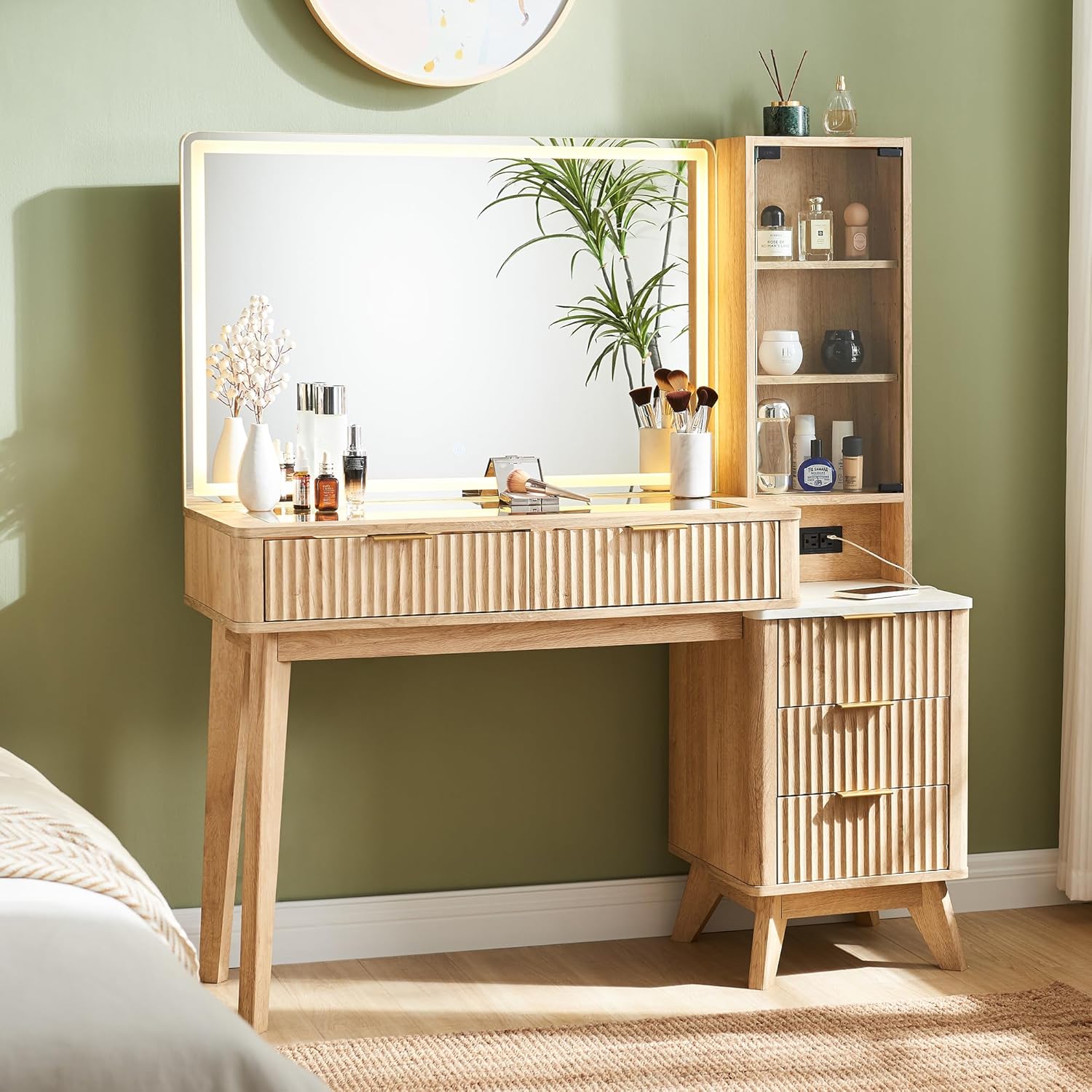 T4TREAM 48 Fluted Makeup Vanity Desk with Large 36 Mirror and Lights, Modern Glass Top Big Vanity Table with 5 Drawers & Adjustable Shelves, Dressing Table Set w/Charging Station for Bedroom, Oak