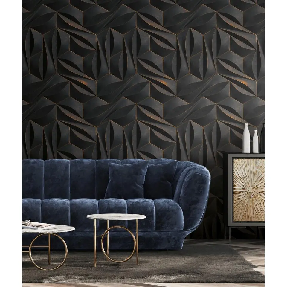 Livingwalls behang 3D-motief antraciet grijs en goud - 53 cm x 10.05 m