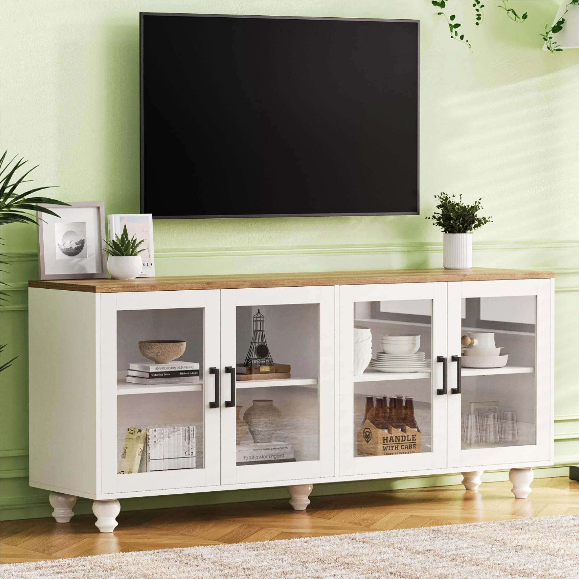 TV Storage Console for TVs up to 70 Media TV Console Table w/ 2 Cabinets, Glass Door Entertainment Center for Living Room