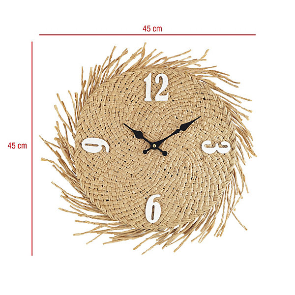 Horloge Murale Grand en Bois Paille, Beige, Style Rustique pour Cuisine Salon 45 cm