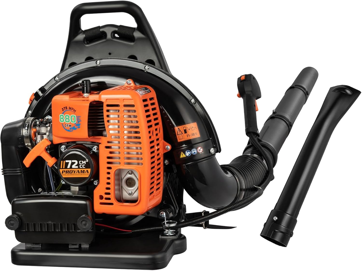 PROYAMA 72CC Gas Backpack Leaf Blower  2-Cycle 880CFM 275MPH Gas Powered Engine  2 in 1 Nozzle Low Vibration and Ergonomic Design with Cruise Control for Outdoor GardenYard Cleaning and Snow Removal