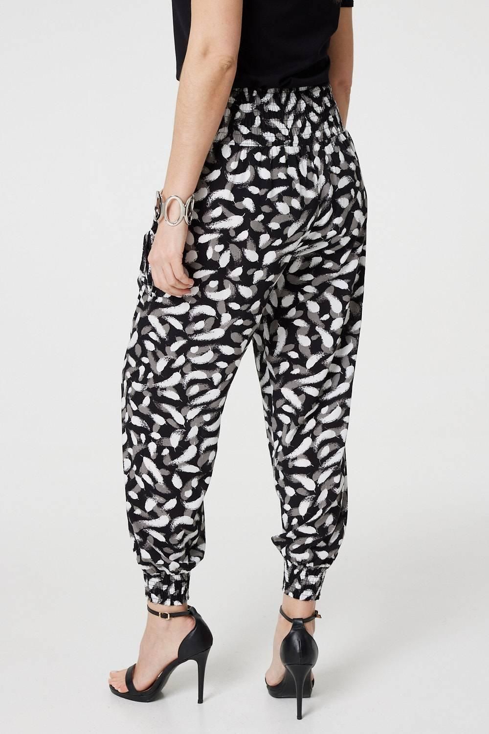 Izabel London Feather Print Harem Pants with Pockets