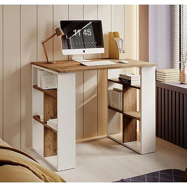 Bureau d'ordinateur scandinave - Mélaminé 18mm - Blanc &pin - 90 x 60 x 74 cm