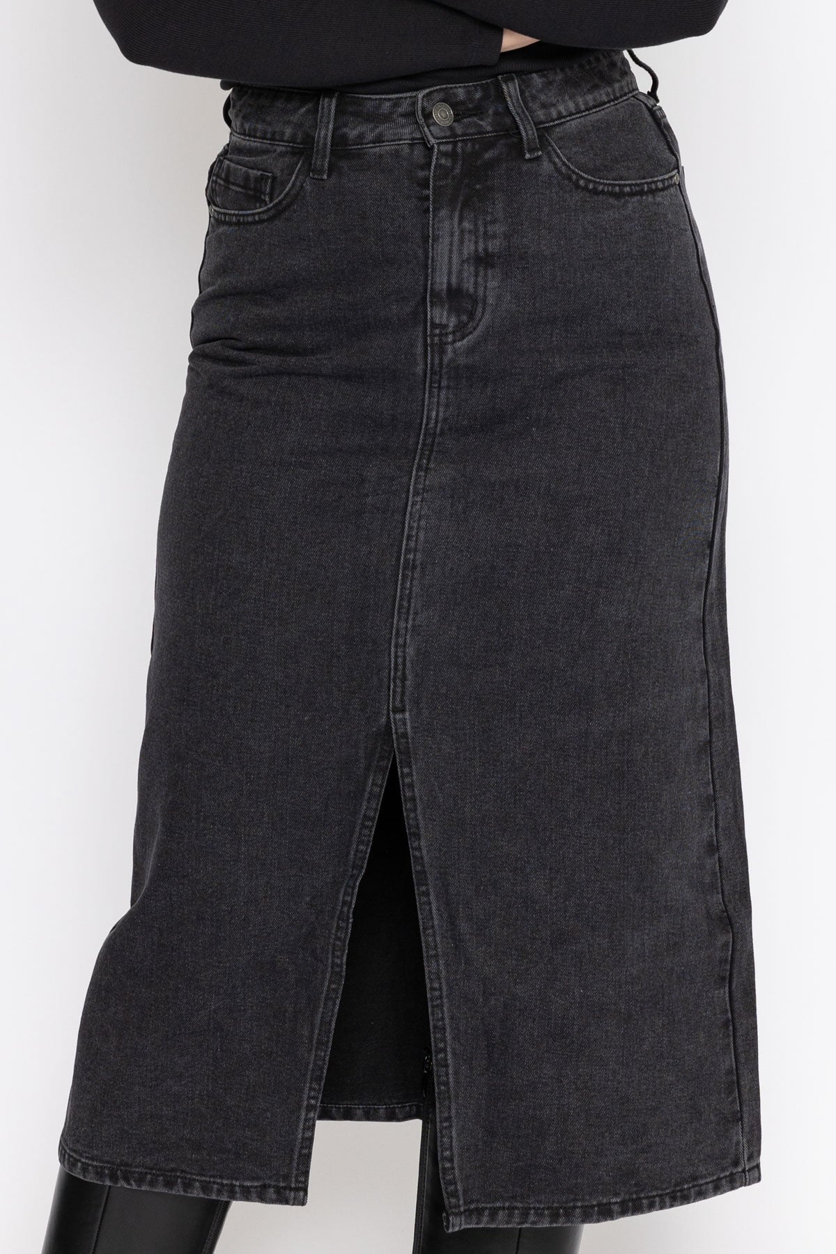 Grey Denim Midi Skirt