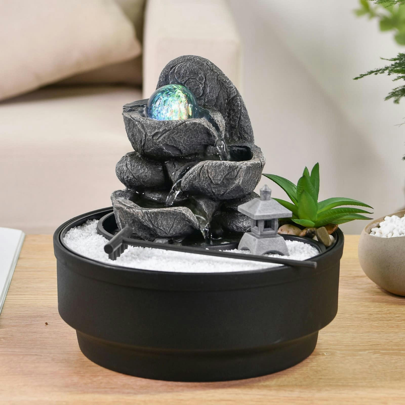 BOGOTA - Fontaine d'intérieur jardin zen résine grise décor en relief - H21cm