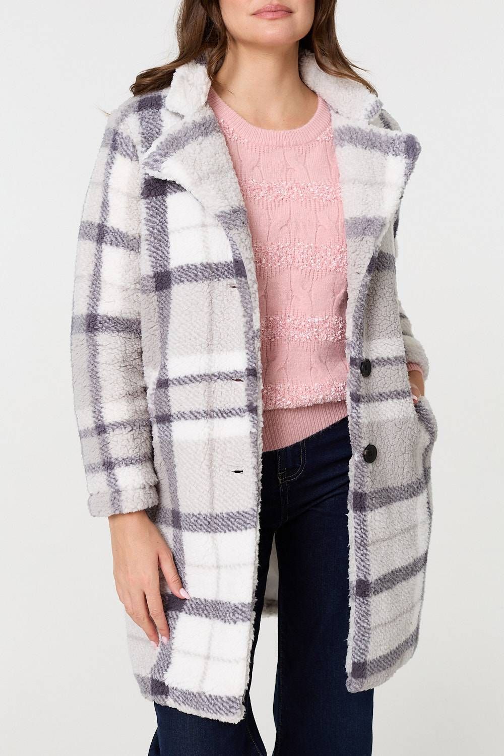 Izabel London Checked Teddy Fur Thigh Length Jacket