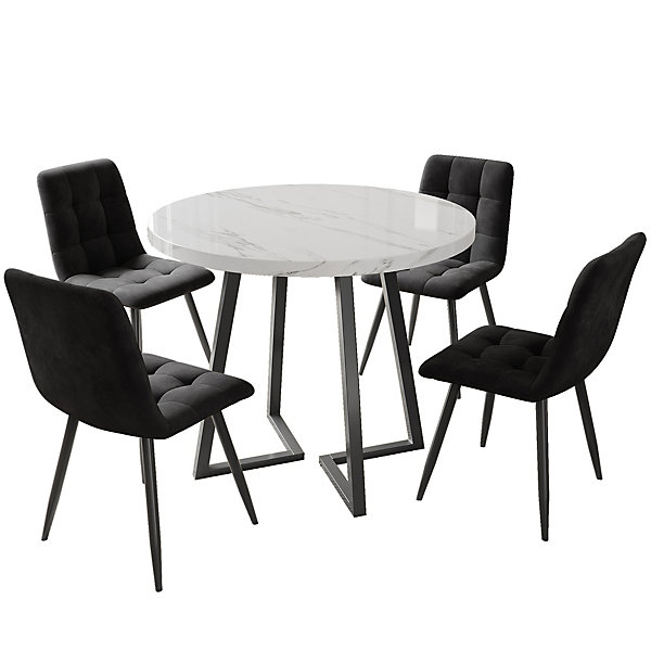Ensemble table et chaises 80x75 cm table ronde avec 4 chaises assise en velours et structure métal