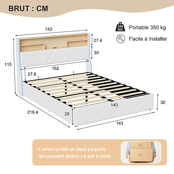 Lit double 140x200 cm, rangement à vérin hydraulique, tête de lit USB, LED, effet pierre, PU, Blanc