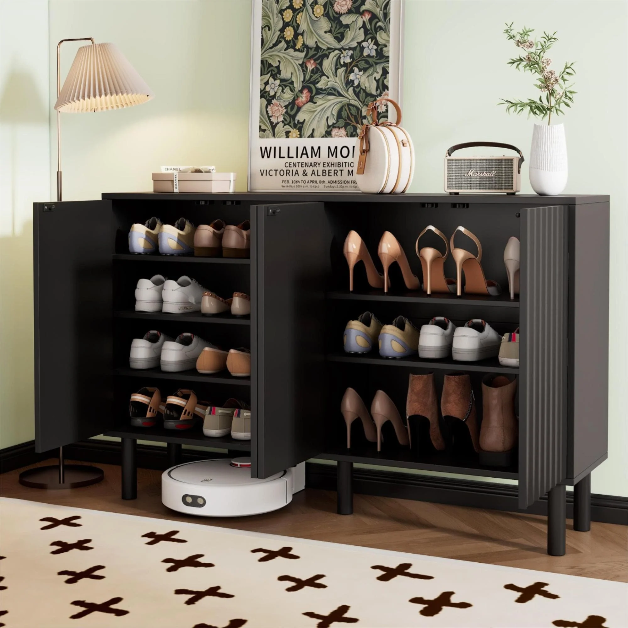 Shoe Cabinet with Solid Wood Legs, Fluted Doors and Adjustable Shelves