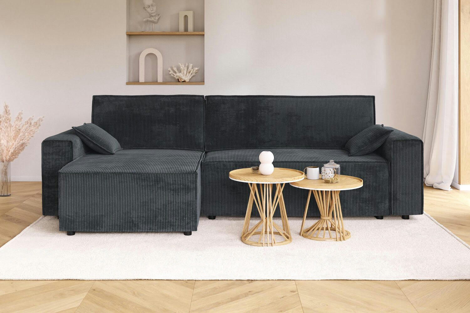 MARIUS - Canapé d'angle convertible en velours côtelé 4 places anthracite