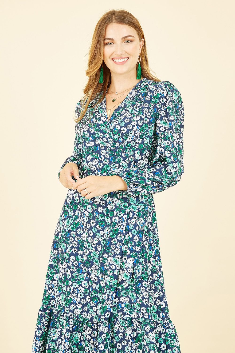 Yumi Green Daisy Print Wrap Midi Dress With Long Sleeves