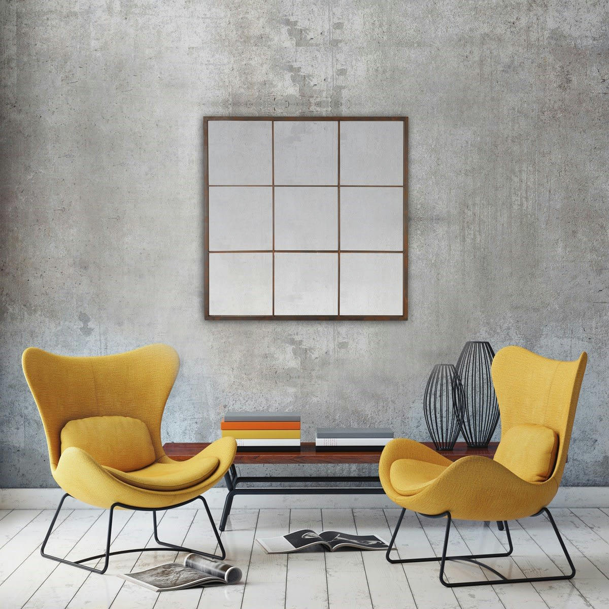 JULES - Miroir fenêtre style industriel 100x100 noir