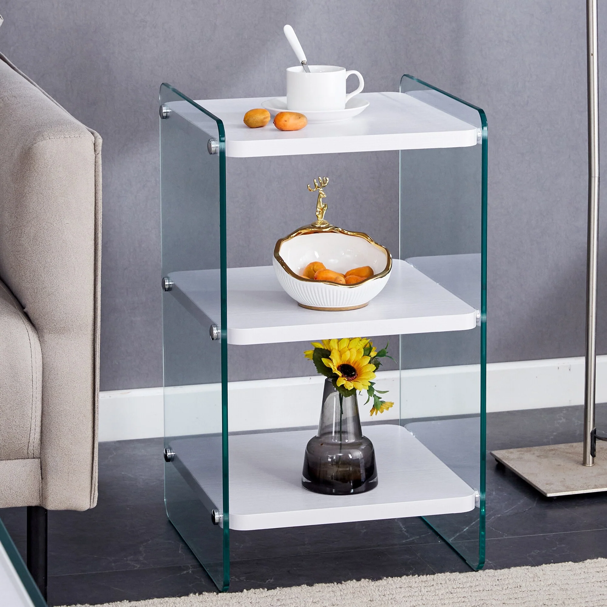 Three levels of bedside tables. both sides are transparent tempered glass, with storage function