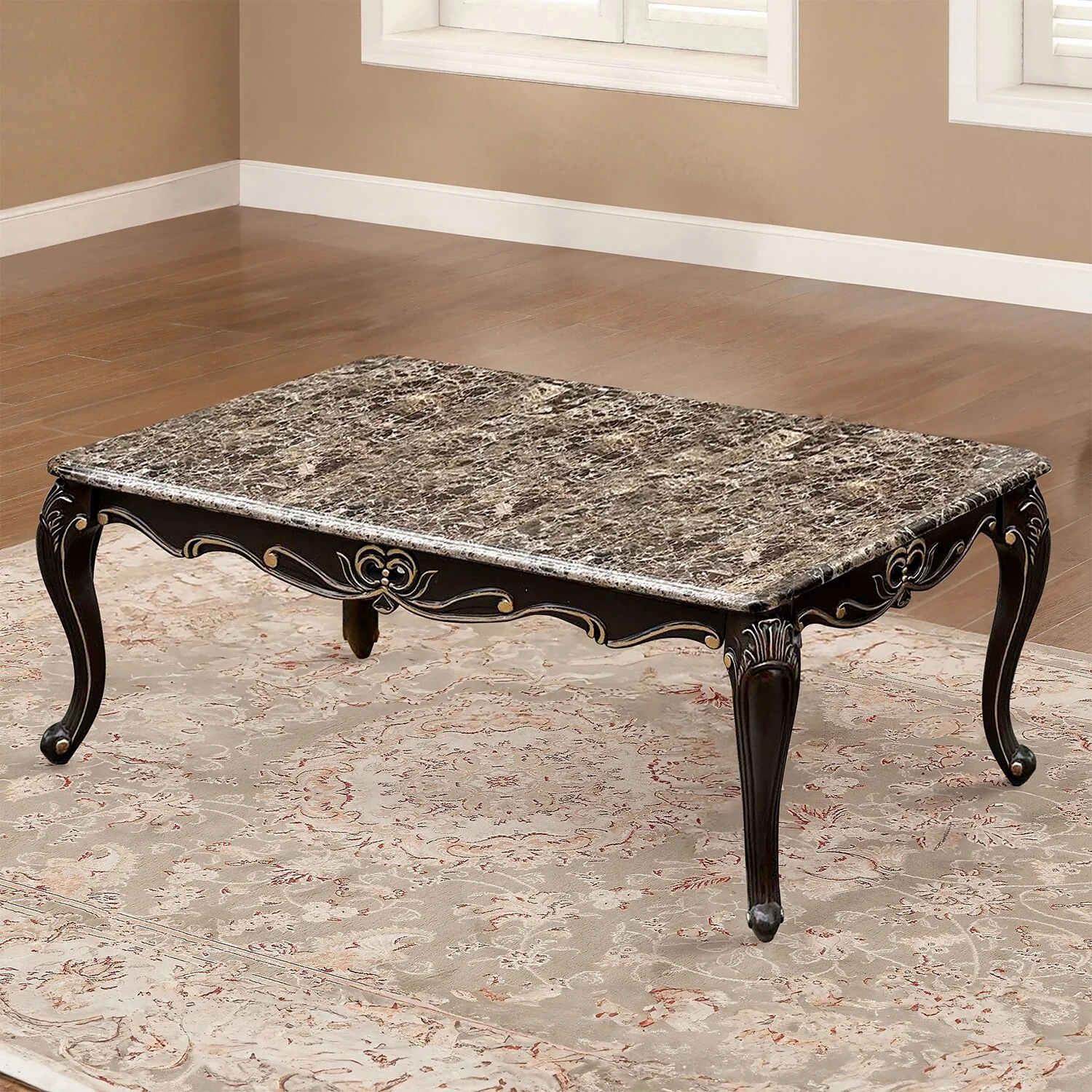 Faux Marble and Wood Coffee Table with Cabriole Legs in Dark Walnut