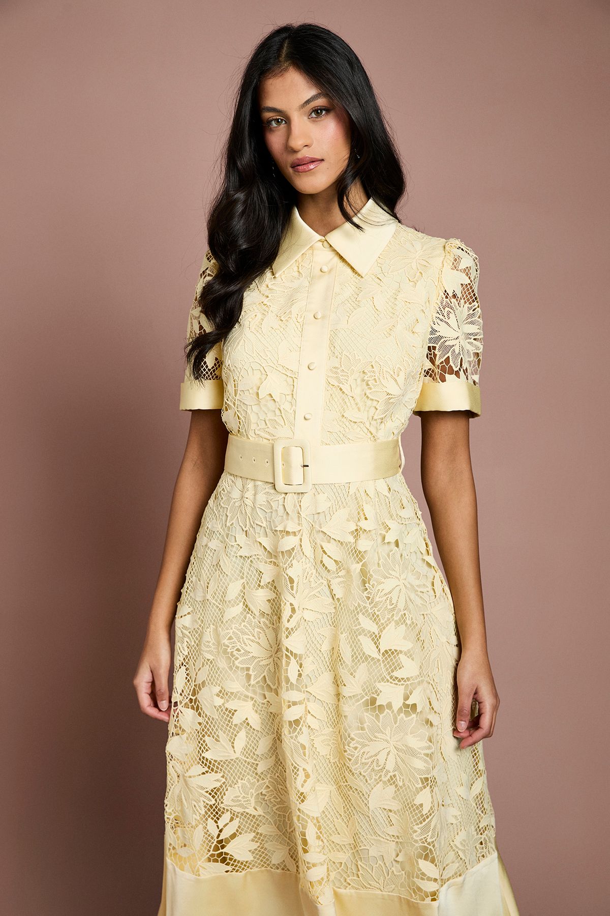 Coast Petite Satin Trim Lace Shirt Midi Dress