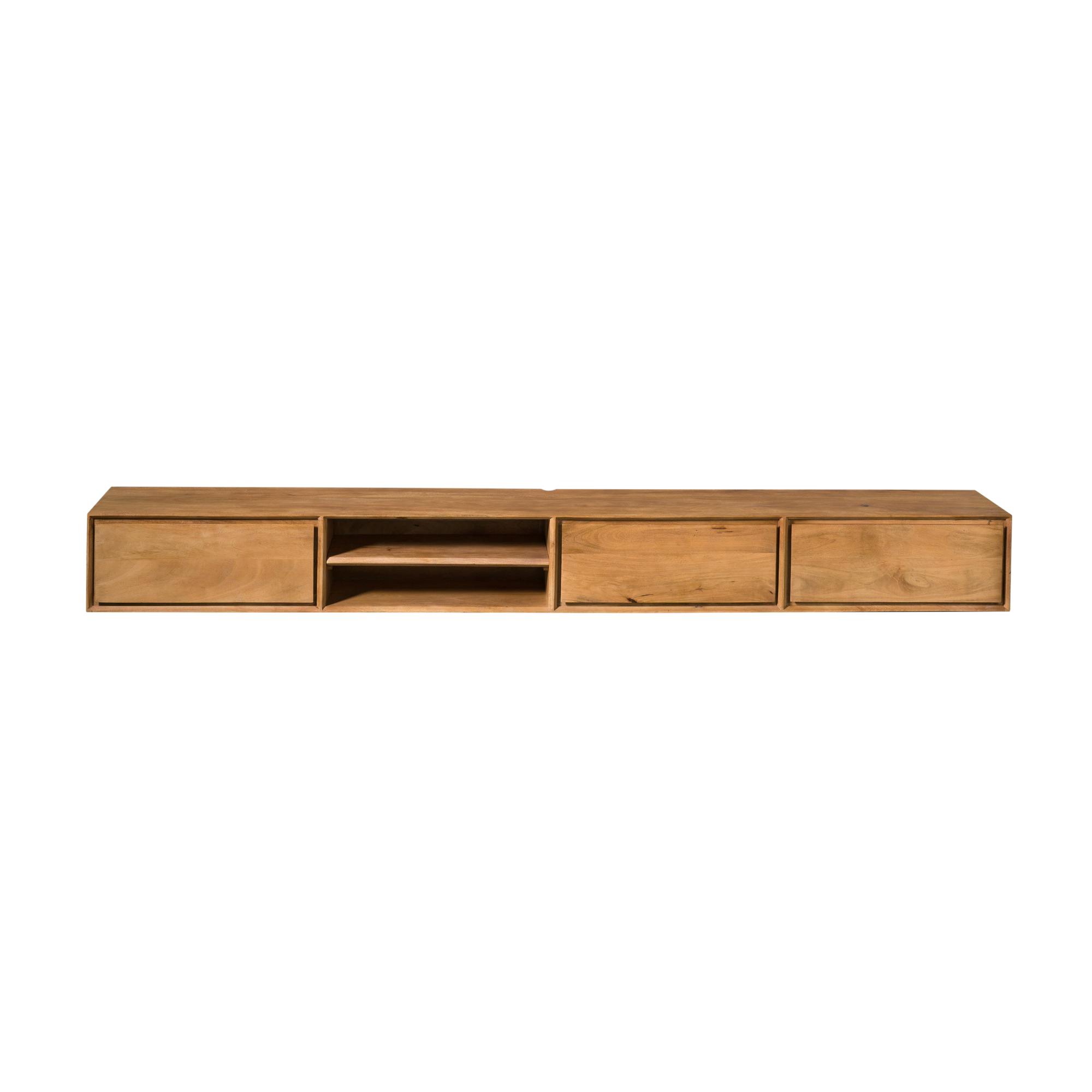Long meuble TV suspendu bois 3 tiroirs 1 niche 240 cm AERA