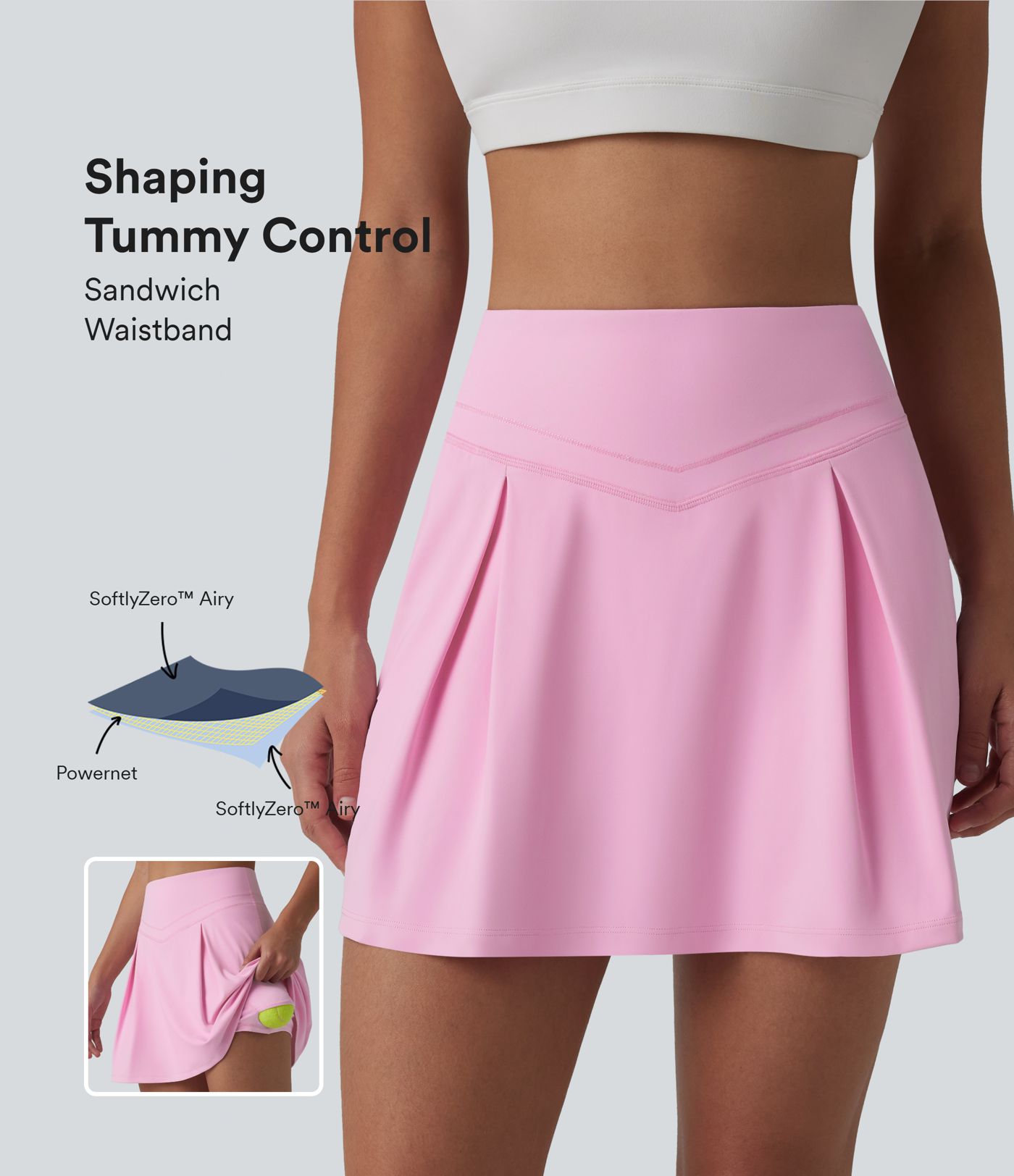 Jupe de sport 2-en-1 SoftlyZero™ Airy, taille mi-haute, effet ventre plat, froncée, avec poches - Protection solaire UPF50