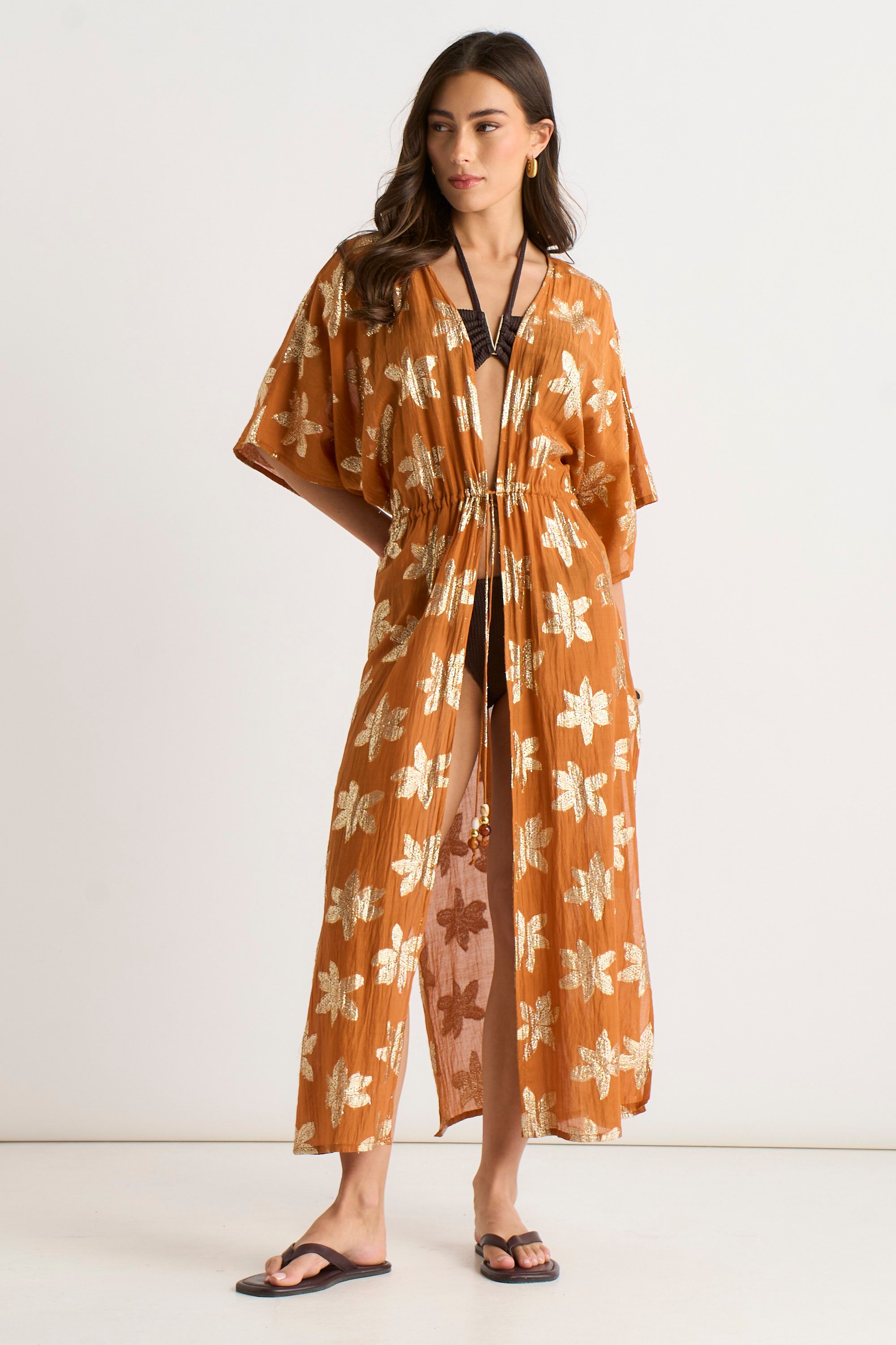 Gini London Orange Floral Lurex Tie Front Kaftan Kimono