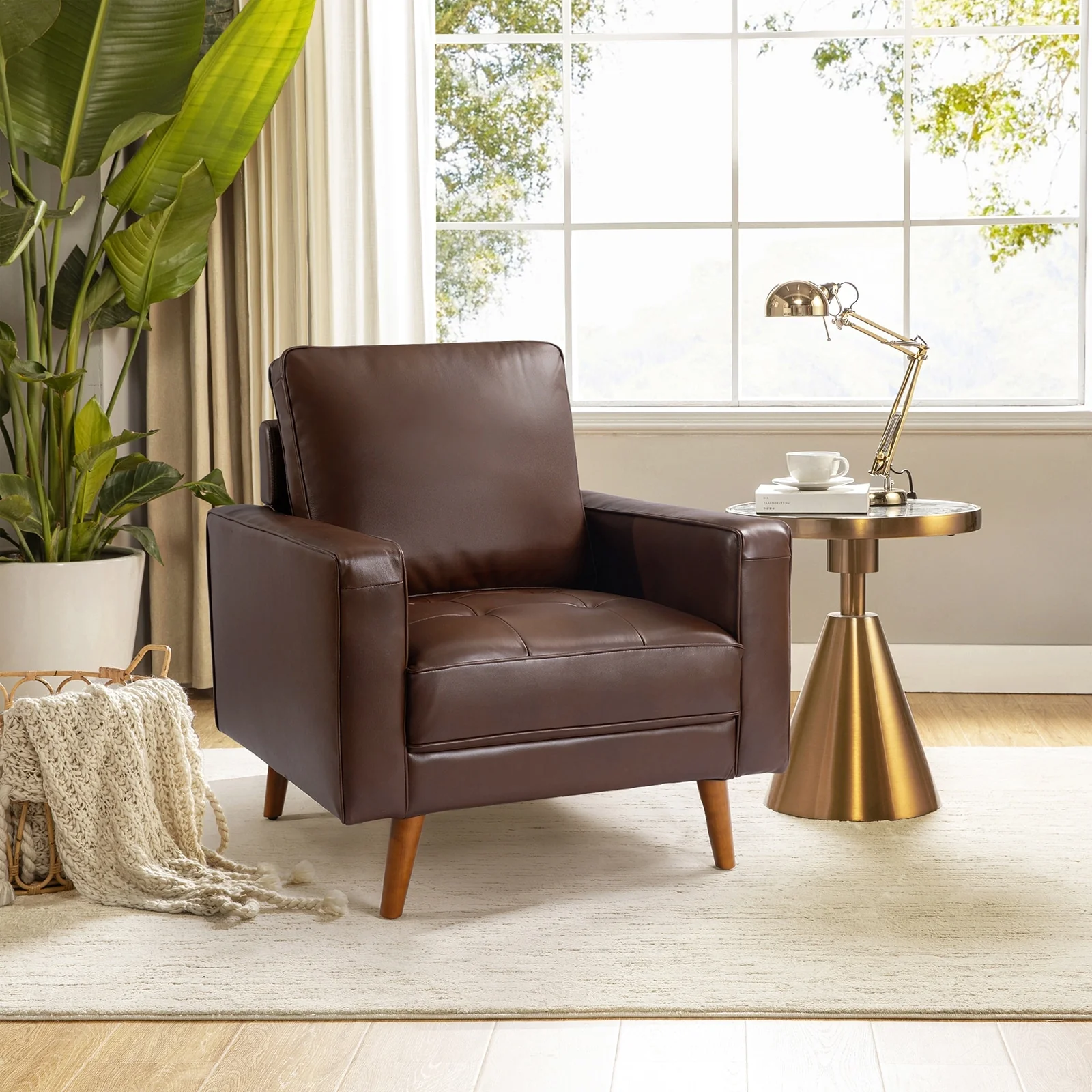 Elizabeth Mid-century Genuine Leather Arm Chair by HULALA HOME