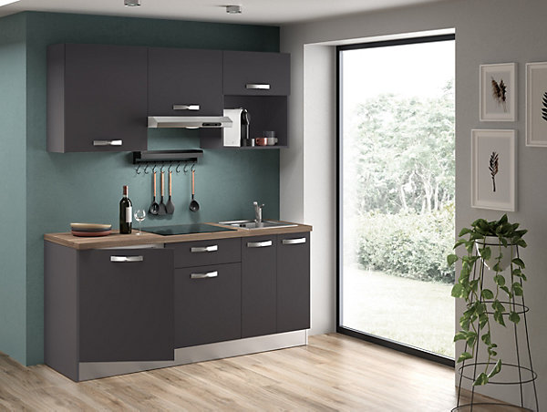 Cuisine complète montée All in gris anthracite L. 180 cm avec électroménager