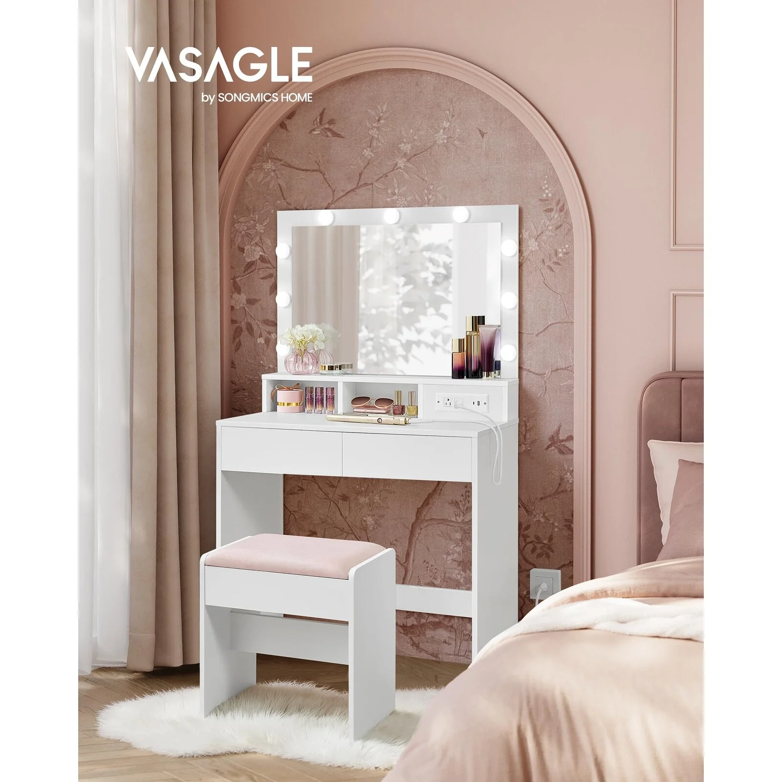 Cloud White Makeup Vanity Desk with Mirror 9 Dimmable LED Lights Power Outlets 2 Drawers Stool for Bedroom